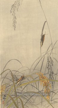 sauterelles sur les plants de riz Ohara KOSON Shin Hanga Peinture à l'huile